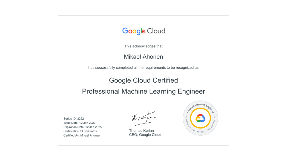 I became a certified Google Cloud Professional Machine Learning Engineer!